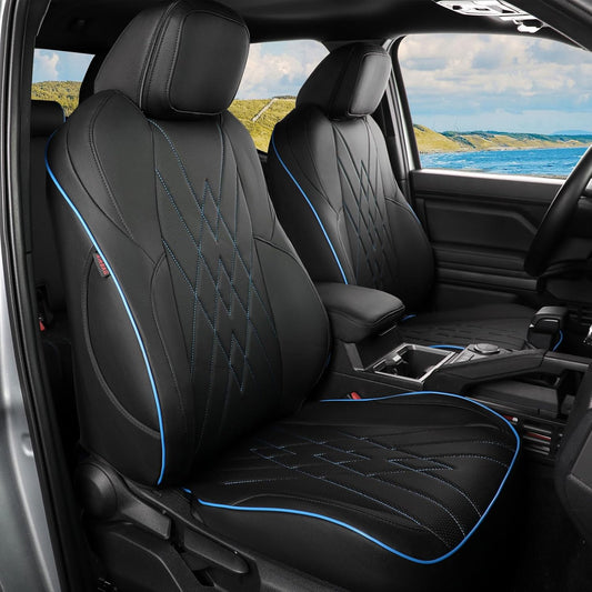 EKR Tacoma Car Seat Covers Custom for Select Toyota Tacoma (Only for Hybrid) 2024 2025 Double cab TRD Sport,TRD Off-Road,Limited,Trailhunter -Full Set,Leather (Black with Blue Trim)