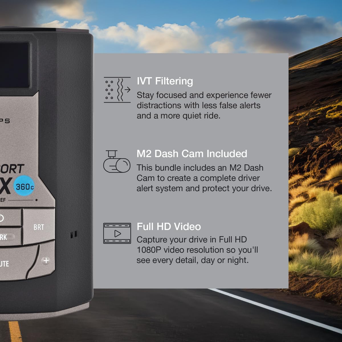 Escort MAX 360c Radar Detector with M2 Smart Dash Cam & OBDII Cord Bundle