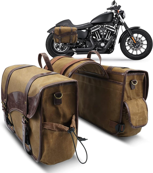 NICECNC Motorcycle Saddle Bags, Vintage Oil Waxed Canvas Motorcycle Saddlebags, Motorcycle Panniers Side Throw Over Saddle Bags Compatible with Harley Honda Suzuki Yamaha Adventure Street Glide Brown