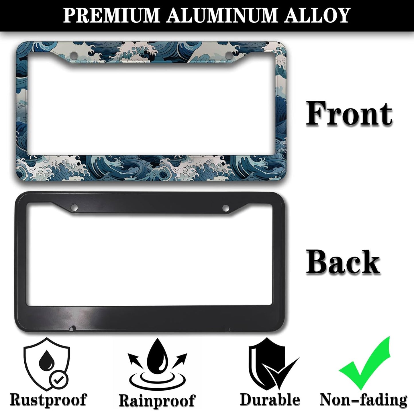 License Plate Frames for Men Multicolor License Plate Frame Holder for Women Ocean Waves Aluminum Metal Car Accessory 2 Pack with Screw Covers Set
