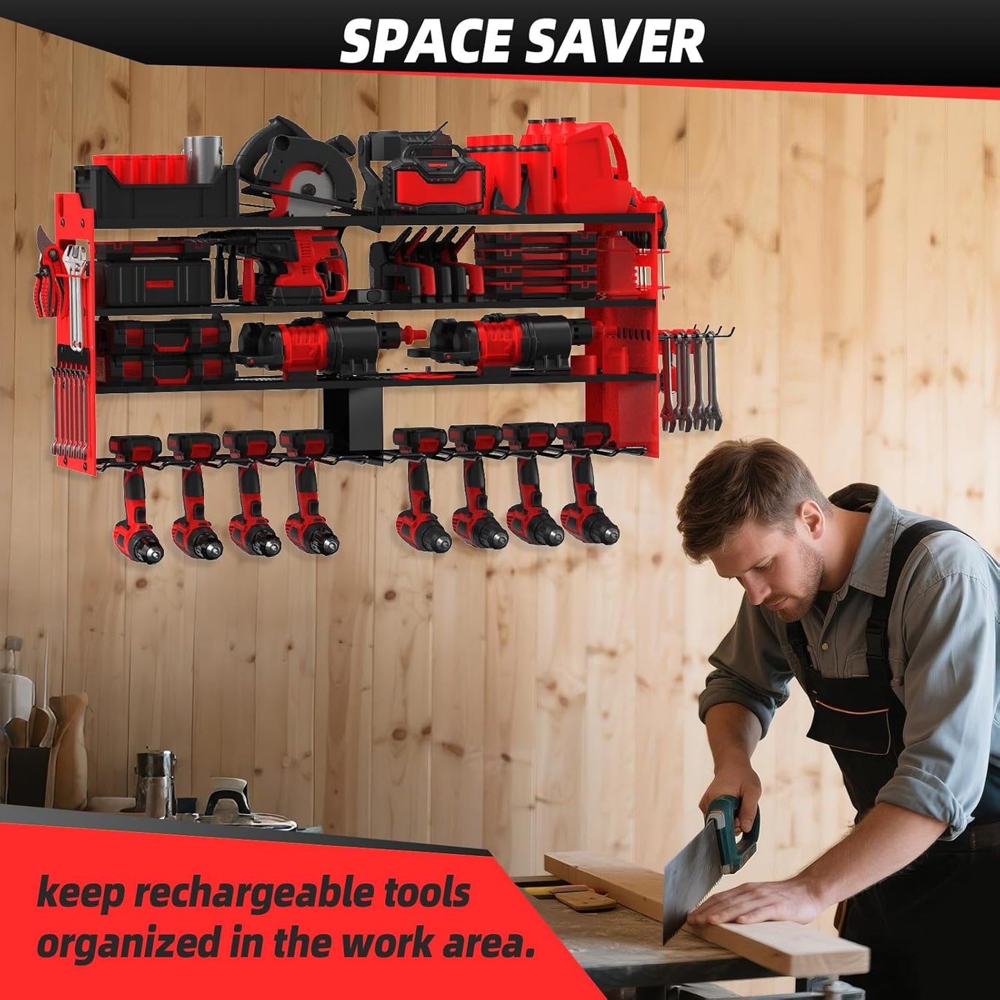 Power Tool Organizer Wall Mount with 8-Drill Holders-400Lbs Load Heavy Duty Metal 4-Layers Garage Storage & Organization Battery Tools Rack with Side Panels Utility Racks Workshop Gifts for Men