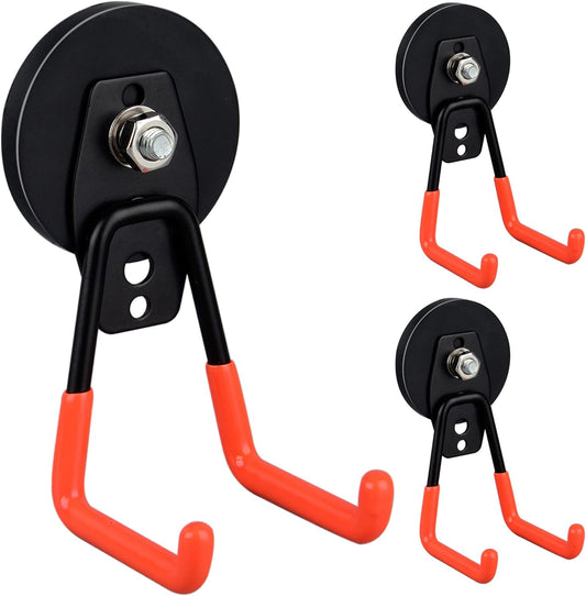 ULIBERMAGNET Heavy Duty Large Garage Magnet Hooks, 3 Pack Strong Storage Utility Magnetic Hooks with Anti-Slip Coating for Pegboard,Garage Shelve Hanging (Orange)