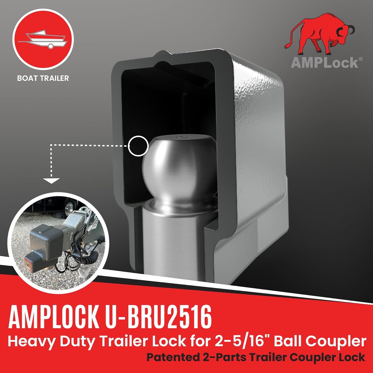 AMPLock - U-BRU2516 2 5/16" Heavy Duty Ball Coupler Lock - Square Edge Design - Patented Boat Travel Trailer Hitch Locks, 2-Parts Anti Theft Trailer Hitch Lock, RV Accessories, Push & Locking System