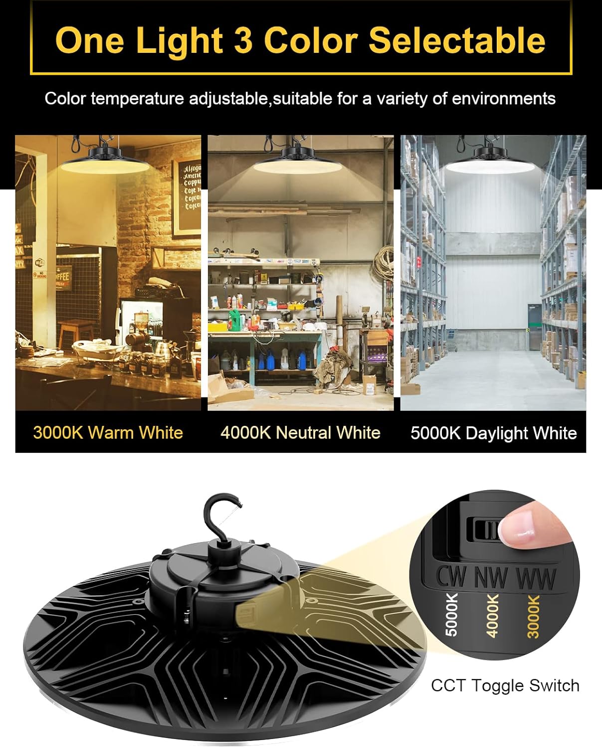 UFO LED High Bay Light, 240W/200W/150W Adjustable, UL & DLC Listed 5000K/4000K/3000K Adjustable, 33600LM 0-10V Dimmable IP65 Waterproof High Bay Lights AC100-277V for Warehouse Factory(3 Pack)