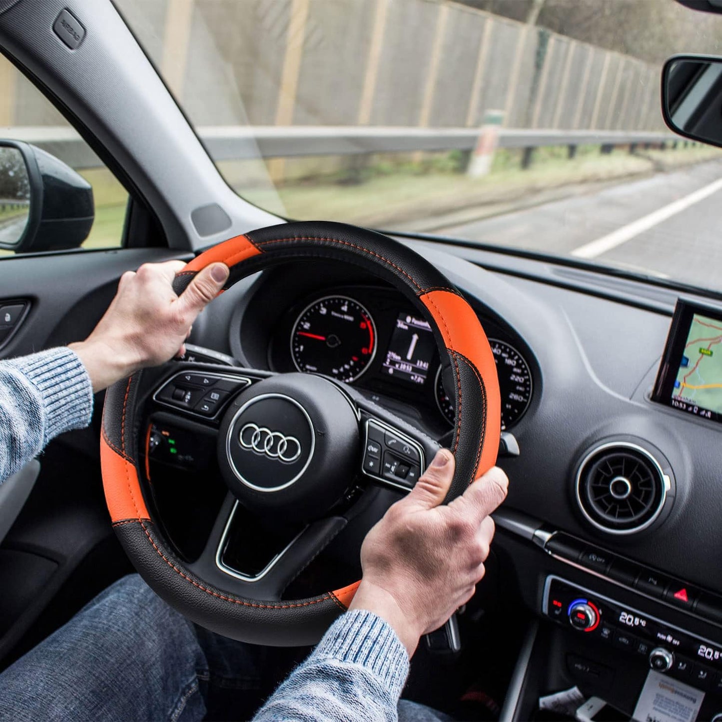 Leather Car Steering Wheel Cover, Non-Slip Car Wheel Cover Protector Breathable Microfiber Leather Universal Fit for Most Cars (Orange-2)