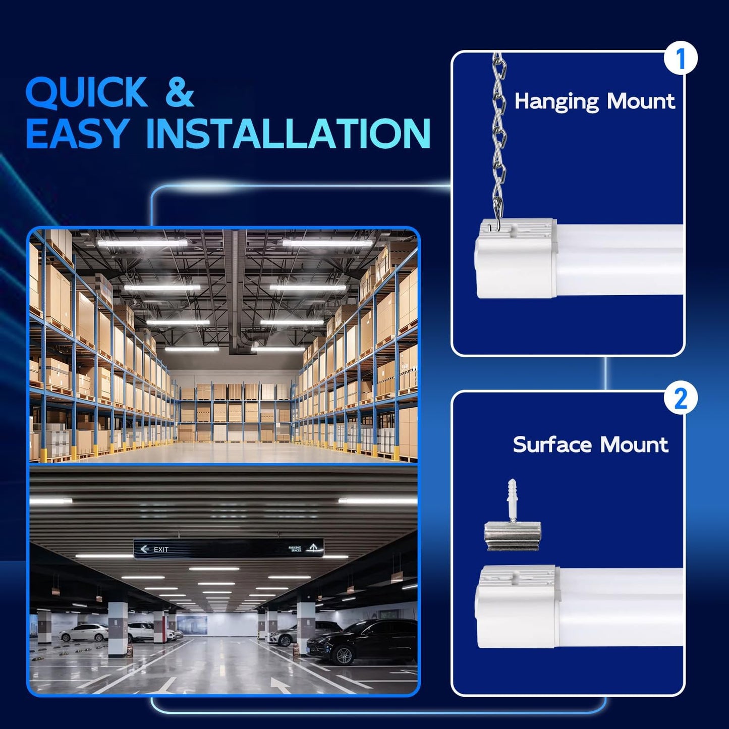hykolity 4 Pack 4FT LED Shop Light Linkable, 4400lm, 42w(250w Equivalent), 5000K Utility Shop Lights, Hanging or Flush Mount, with Power Cord and On/Off Switch
