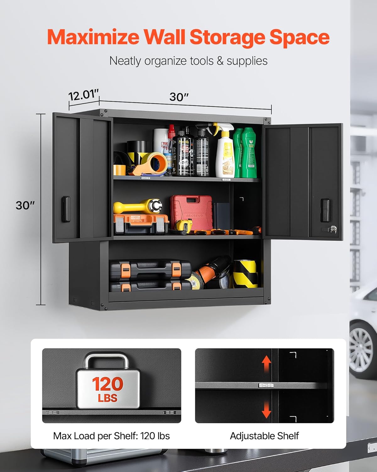 VEVOR Metal Wall Cabinet, 30W x 12.01D x 30H Inch, Steel Floating Hanging Storage Cabinet with Locking Doors and Adjustable Shelf for Garage, Basement, Kitchen, Warehouse Assembly Required, Black