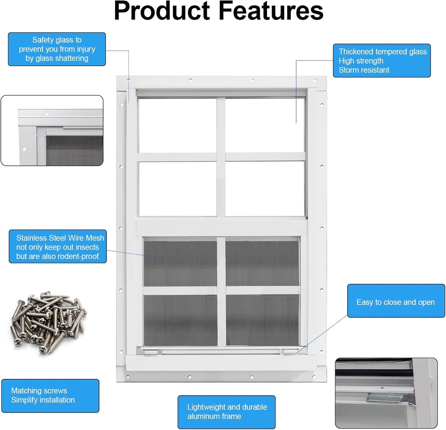 NeatiEase Upgraded Shed Windows 2 Pack, 18" x 27" Windows with Tempered Glass and Stainless Steel Screen for Shed, Chicken Coop, Playhouse, Household, Garage(White)
