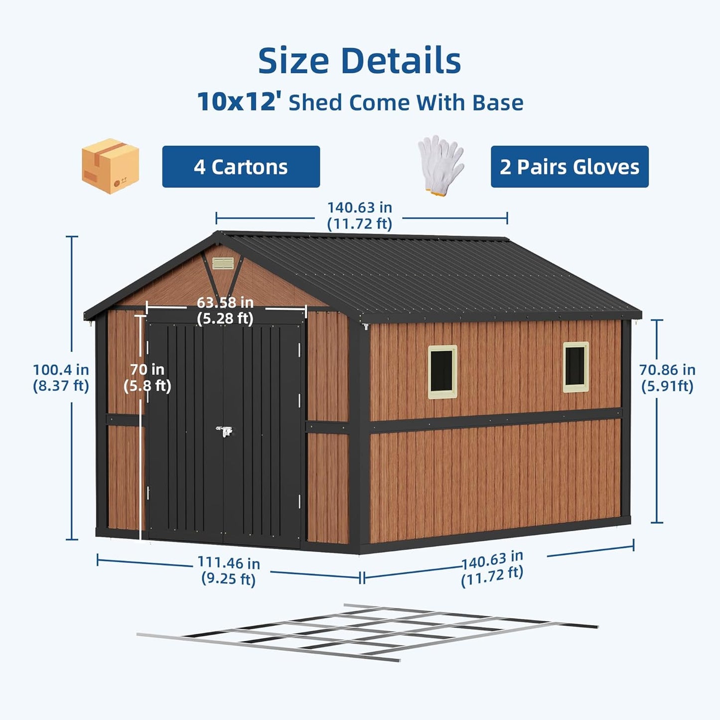 10x12FT Outdoor Storage Shed, Metal Garden Shed with Floor Base, Lockable Doors and Windows, Large Tool Shed for Backyard, Patio and Lawn