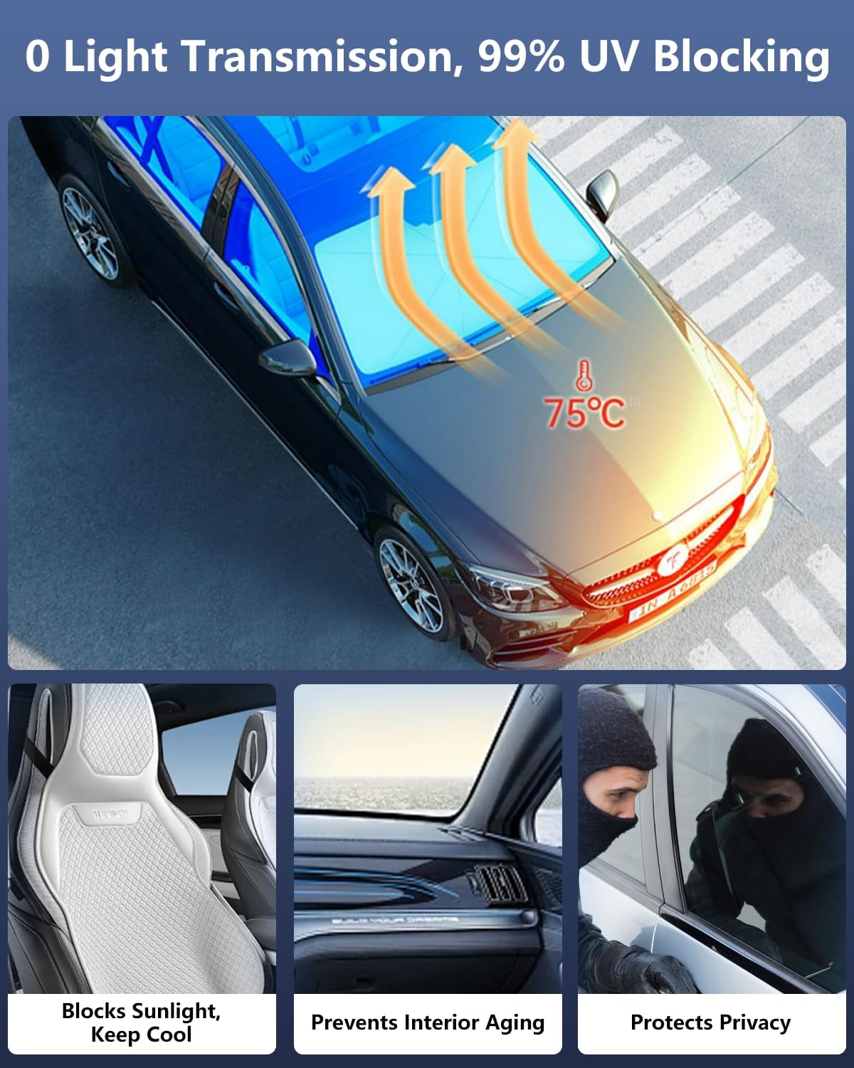 Car Windshield Sun Shade-Sun Ray Reflective Front Window Cover,Foldable Car Sunshade Windshield Umbrella with Bendable Handle for Heat and Sun Protection,Easy to Install for Cars,SUVs,Trucks and Vans