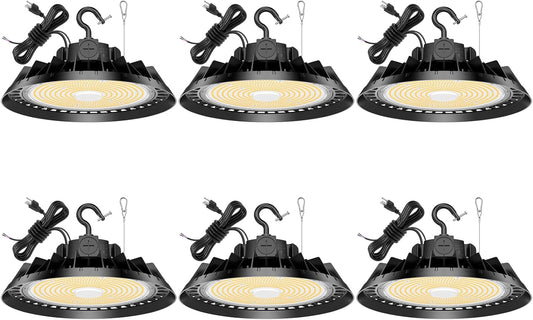 6Pack LED High Bay Lights, 300W UFO High Bay LED Shop Lights, 45000LM Adjustable CCT(5700K 5000K 4500K) & Power(300W 240W 200W), 0-10V Dimmable, 5' Cable Plug, IP65 Waterproof, ETL & DLC Listed