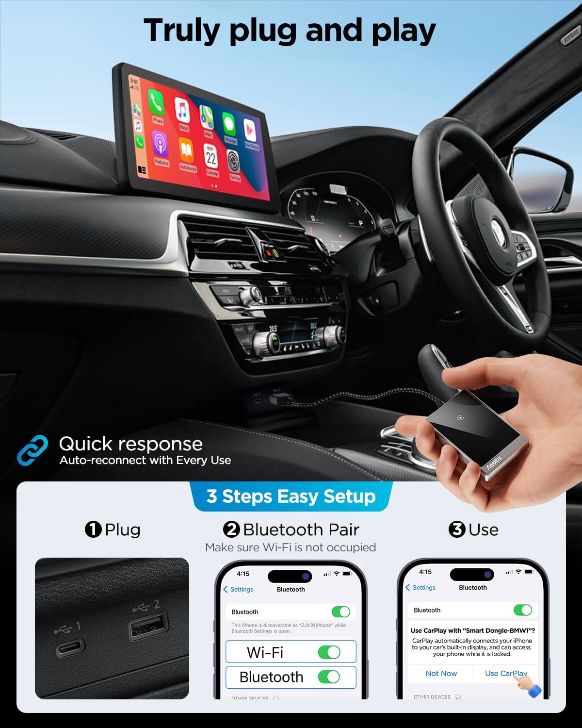 Wireless CarPlay Adapter for iPhone,2024 Upgraded Dual-core 5G Chip,Converts Wired to Wireless Carplay Dongle,Fast Connection Plug & Play, Fit for Cars with Built-in Wired CarPlay (Grey)