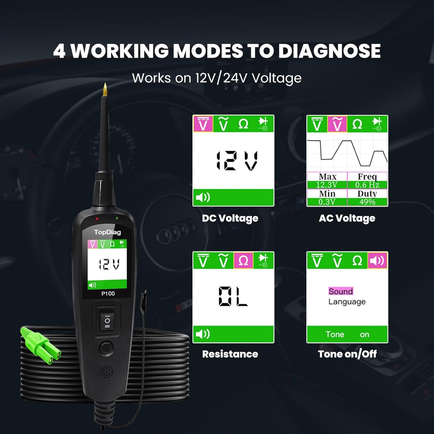 Power Circuit Probe Kit, P100 Car Circuit Tester, 12V 24V Automotive Electrical Tool, 6-30V Vehicle Short Circuit Finder with 40ft Cable, Trailer Truck Voltage Current Detector