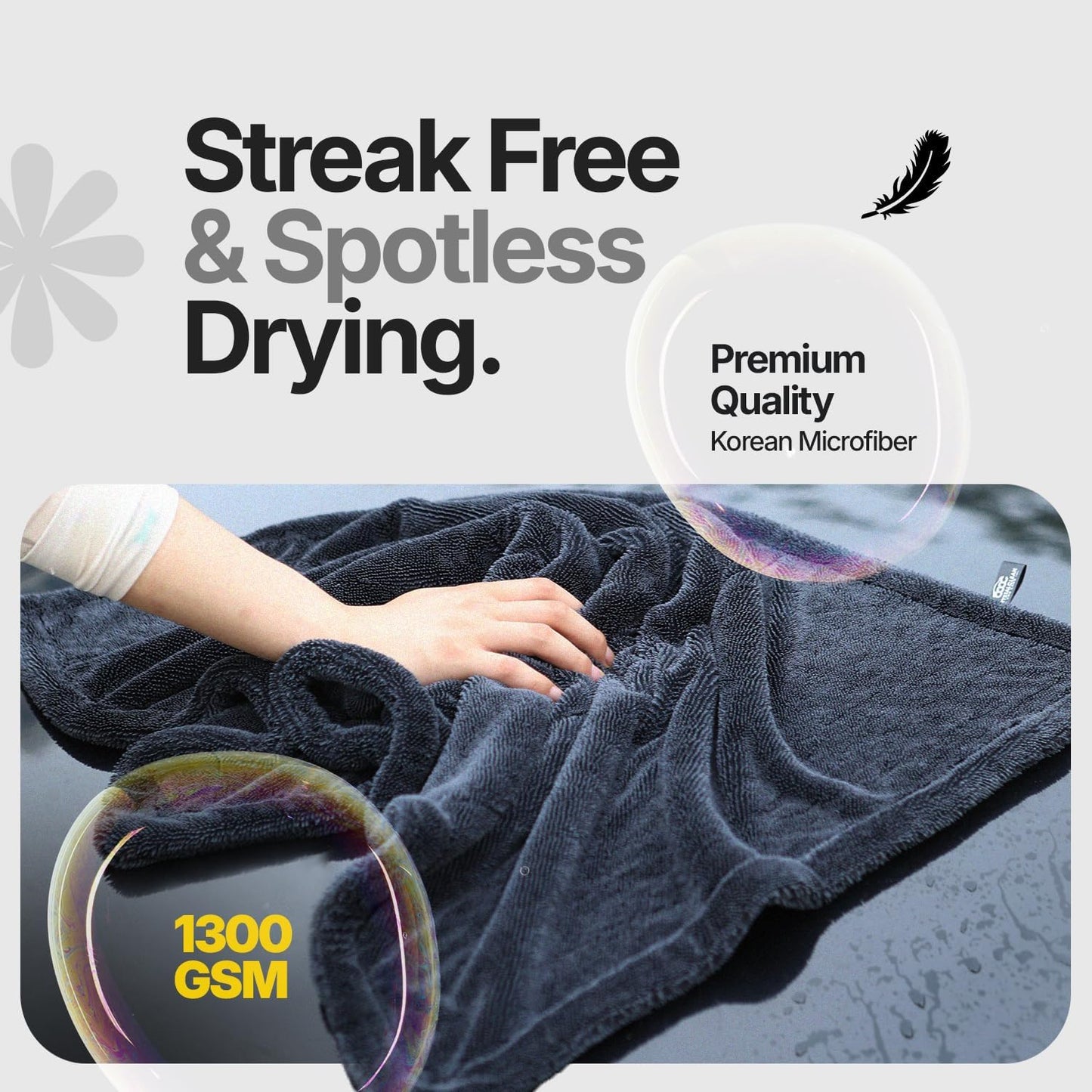 Crystal Clean 1300GSM Microfiber Towels for Cars – XL Drying Towel 2-Pack (24x36 & 12x12) with Double Twisted Loop, Professional Detailing Towel Car Detailers - Quick Dry, Paint Safe & Swirl-Free