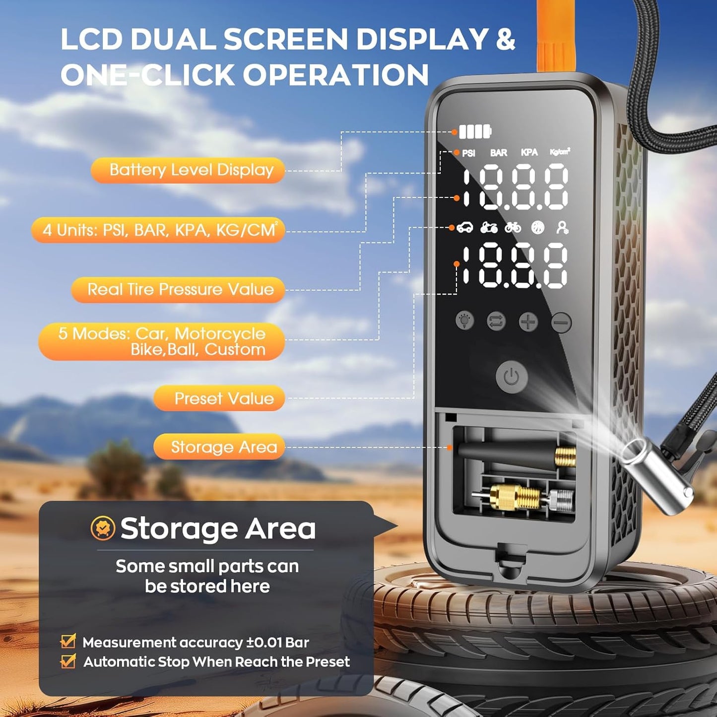 Tire Inflator Portable Air Compressor, 160 PSI Air Pump for Car Tires with Digital Pressure Gauge, Bike Tire Pump with LED Light Portable Tire Inflator for Car, Bike, Motorcycle, Ball