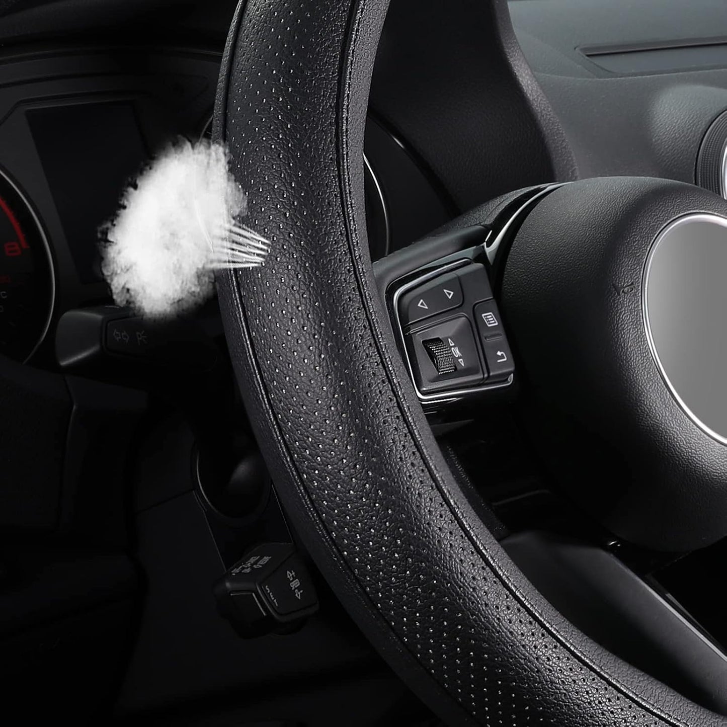 SEG Direct Car Steering Wheel Cover for F-150 Tundra Range Rover Large Size 15.5-16 inch (39.5-41cm) Black Breathable Microfiber Leather