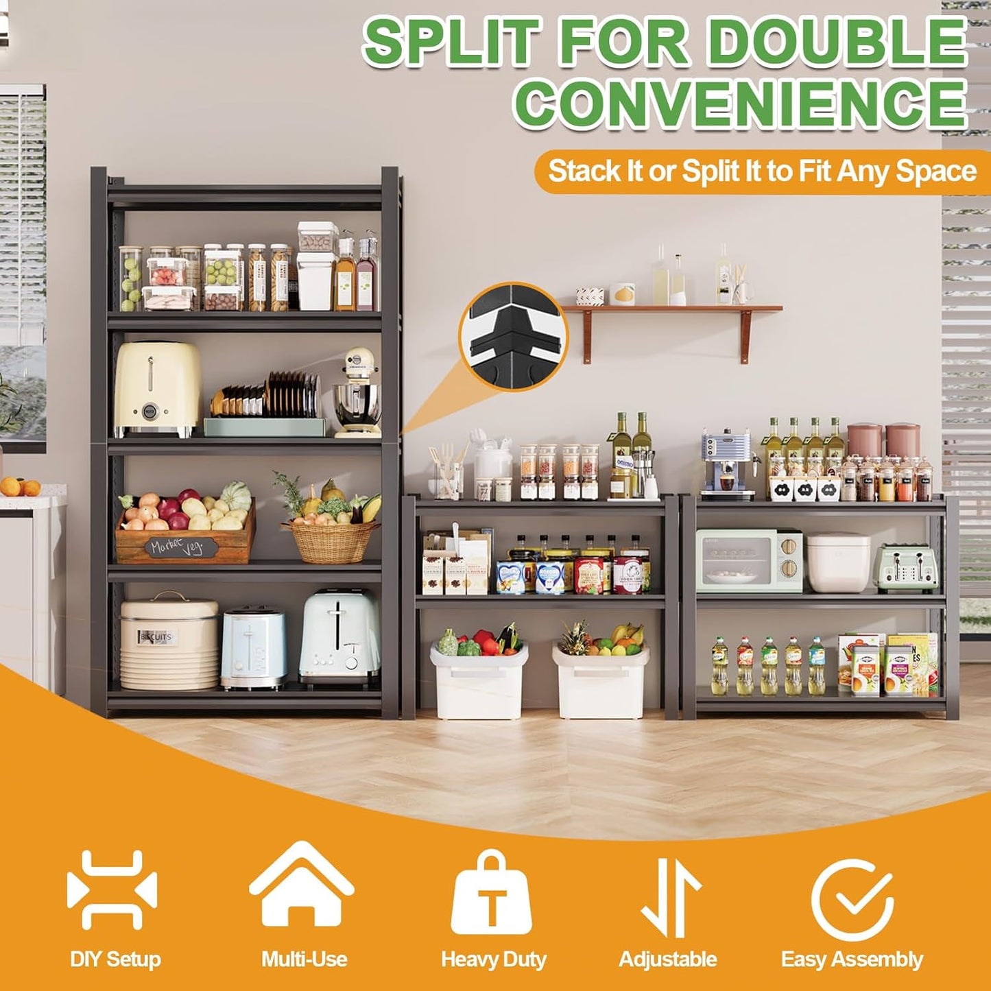 72H Metal Kitchen Storage Shelves, 3000LBS Heavy Duty Garage Shelving Unit, 5-Tier Adjustable Pantry Shelves, Food and Beverage Storage Rack, Appliance Storage Utility Shelf for Balcony - Black