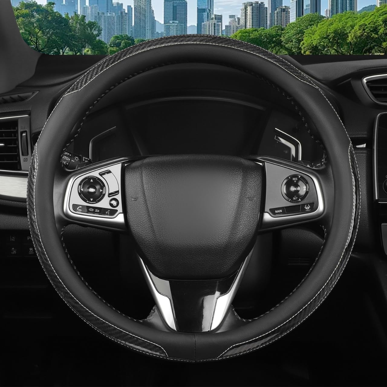 New Leather Car Steering Wheel Cover, Non-Slip Car Wheel Cover Protector Breathable Microfiber Leather Universal Fit for Most Cars(Black)