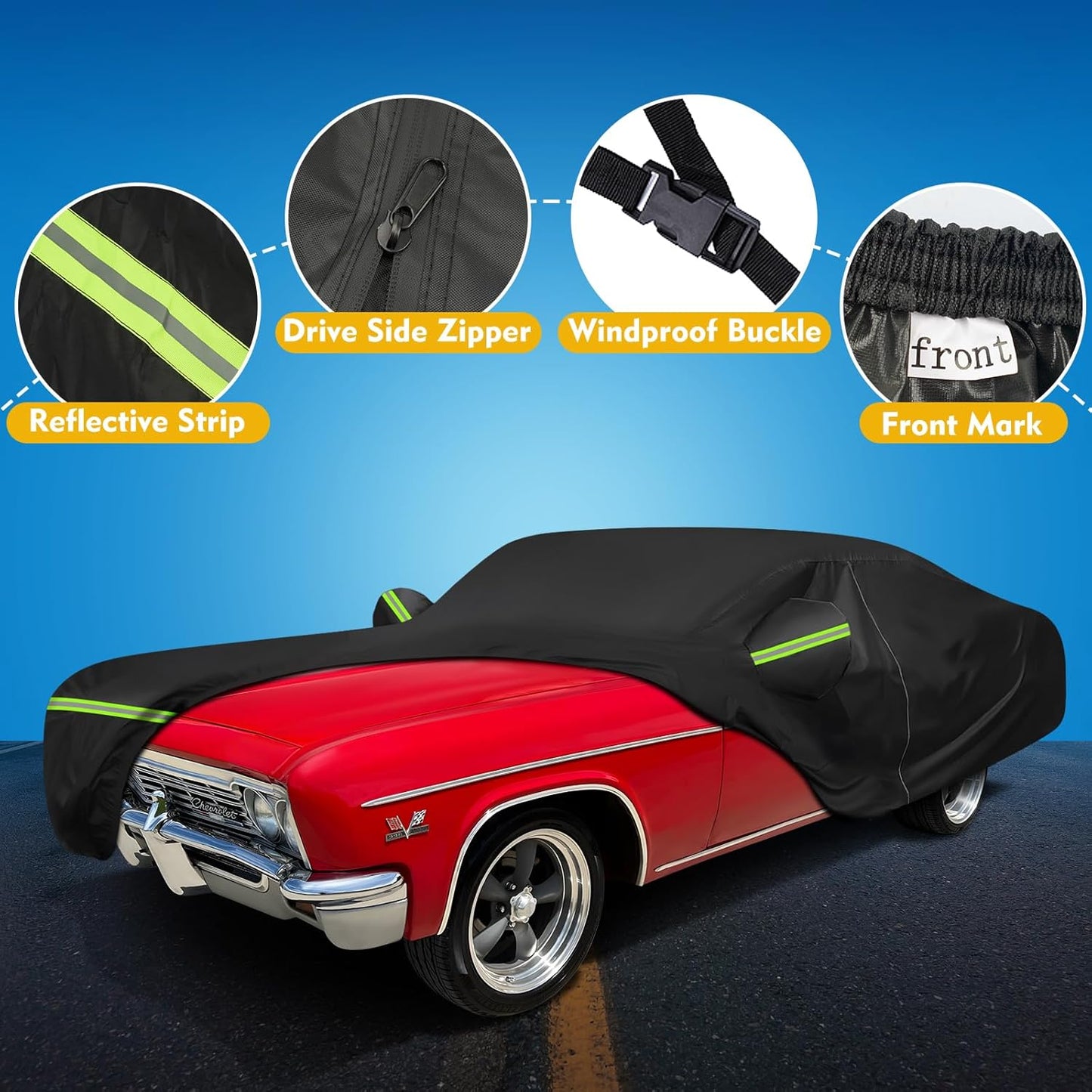 QUNSUNUS Waterproof Car Cover for Chevy Caprice 1966-1970 and 1977-1996, All Weather Outdoor Crown Victoria Cover 1992-2012 with Straps and Zipper