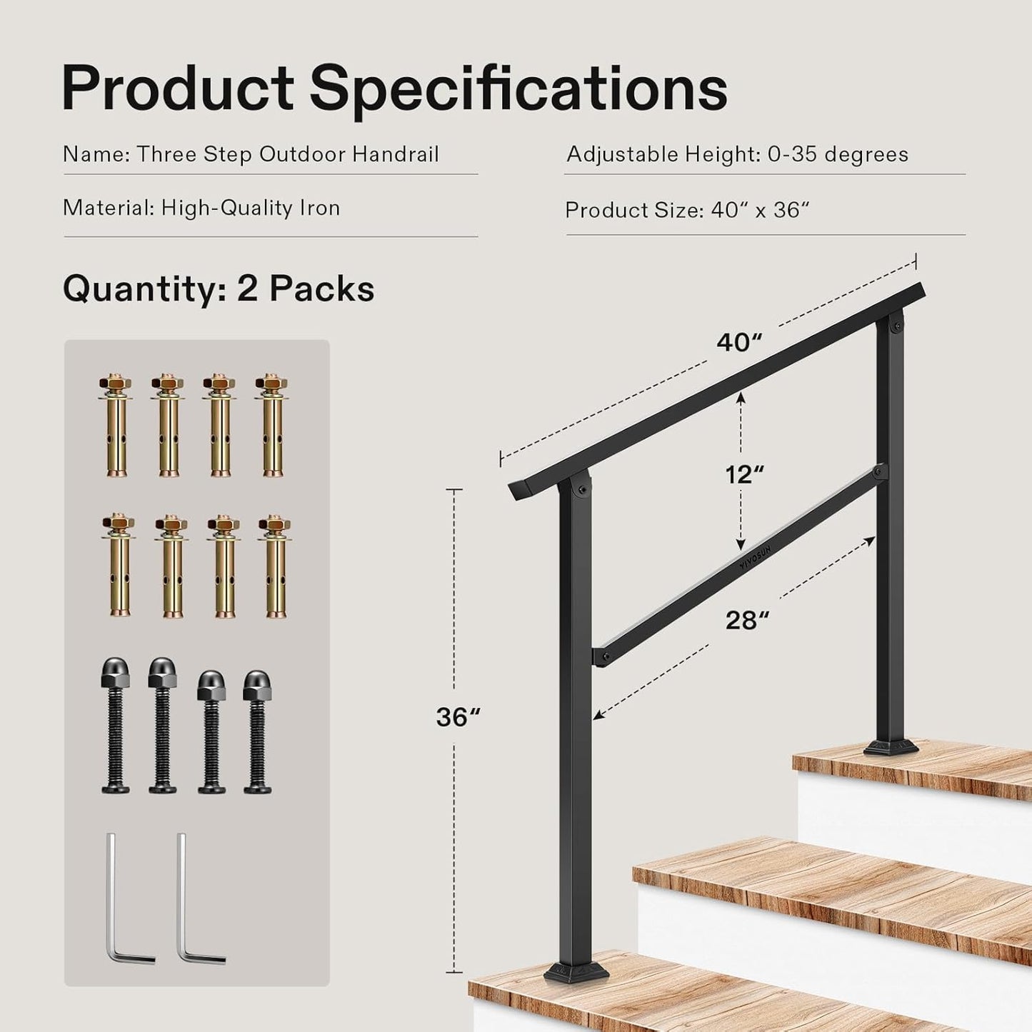 VIVOSUN 2-Pack Outdoor Handrail, 3 Step Stair Handrail, 40" x 36" Fits 1 to 3 Steps, Wrought Mattle Iron Handrail for Concrete Steps, Porch Steps, One-Step Assembly, 2 Packs, Black