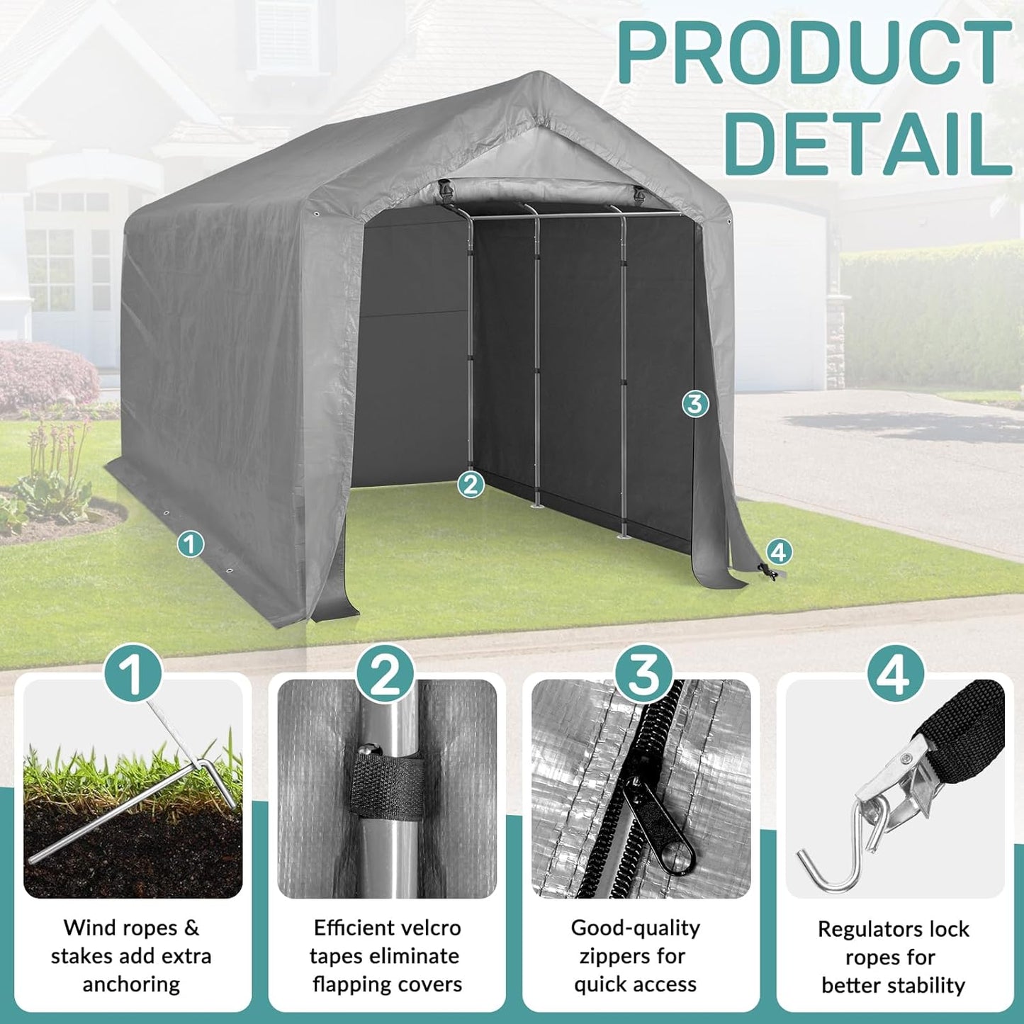 Outvita Outdoor Portable Storage Shed Tent, 8x12 ft Waterproof Carport with Roll-Up Zipper Door and Durable Galvanized Steel Frame, Ideal for Motorcycle, GTV, Bike, Wood Tool Lawn Mower Storage