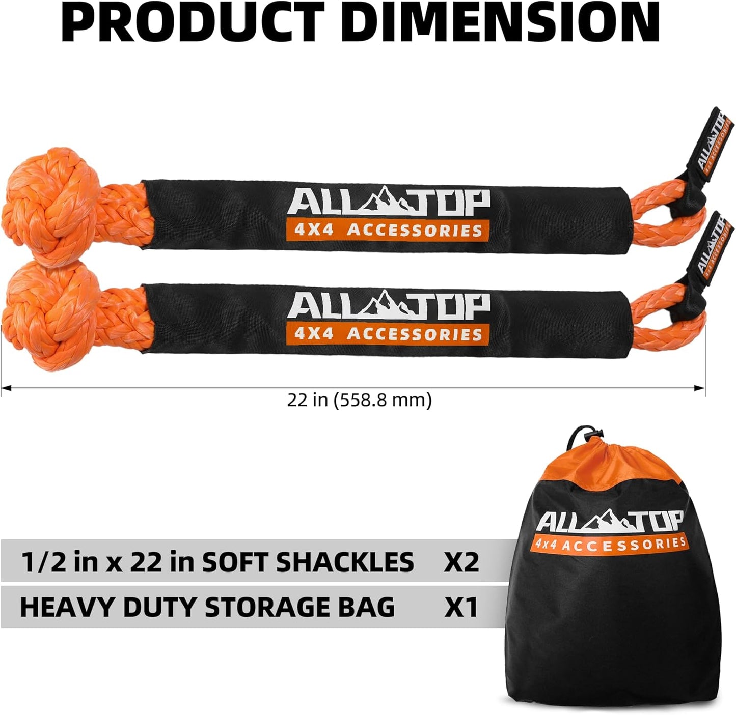 ALL-TOP Synthetic Soft Shackle Rope 1/2in x 22in (48300Lbs Max Break) UHMWPE Recovery Tow Shackles for Offroad 4x4 Vehicles, 2 PCS
