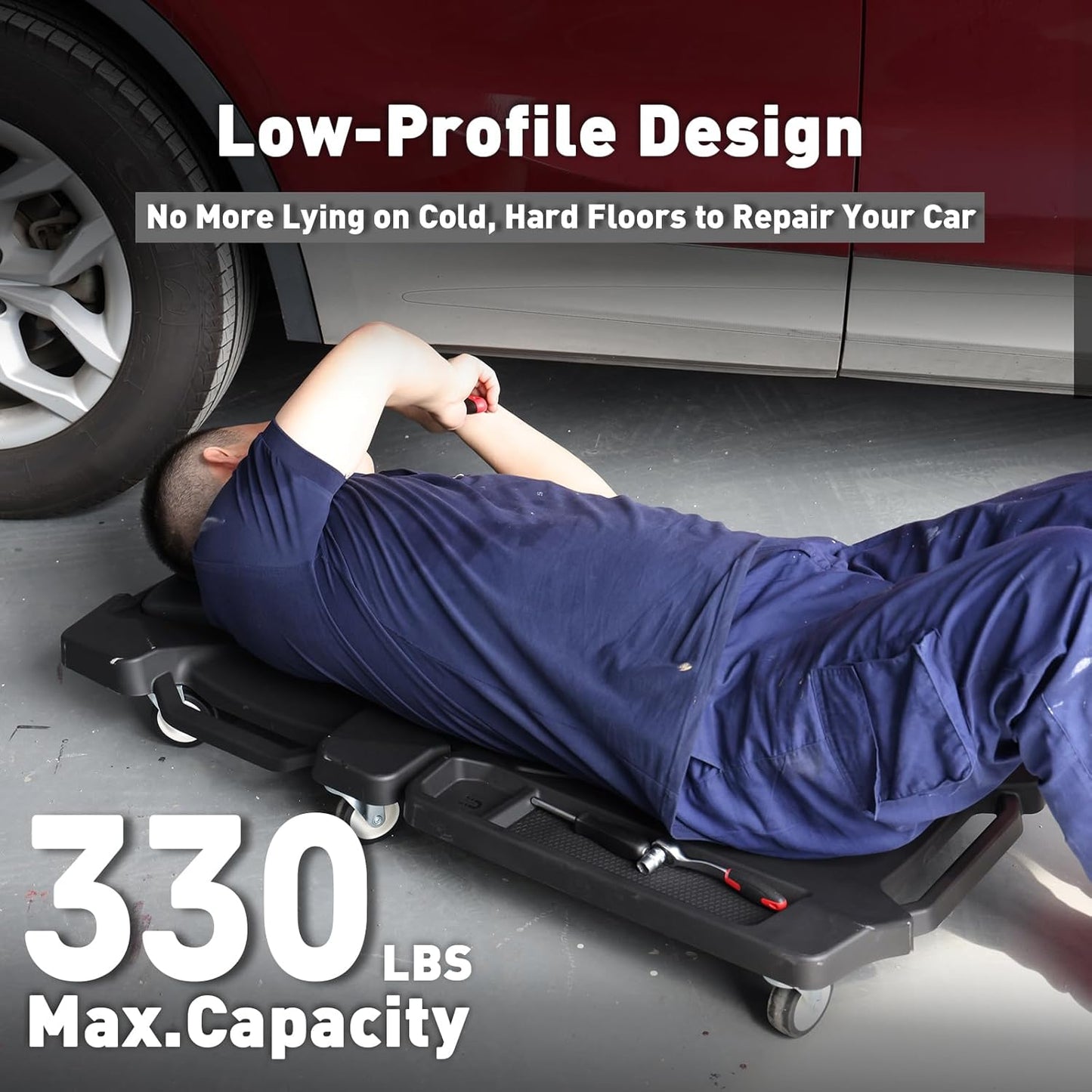 41" Foldable Mechanic Creeper with 6 Swivel Wheels, Low Profile Design with Padded Headrest & Tool Trays, 330 lbs Capacity, Creepers Automotive for Garage Repair