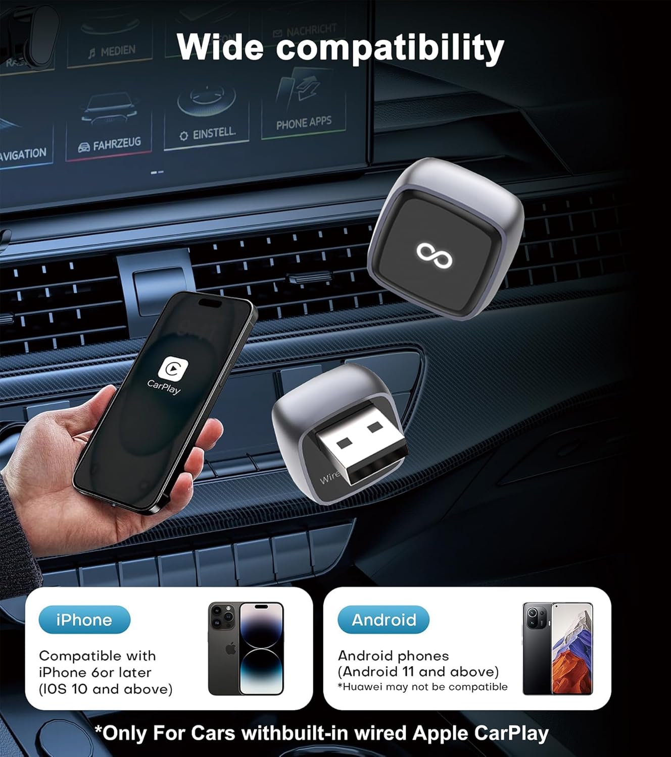 CarPlay Wireless Adapter, Compatible with CarPlay+Android Auto, Mini Stable Wireless CarPlay Adapter, Compatible with Apple iOS 10+ and Vehicles Produced After 2016 with Wired CarPlay.
