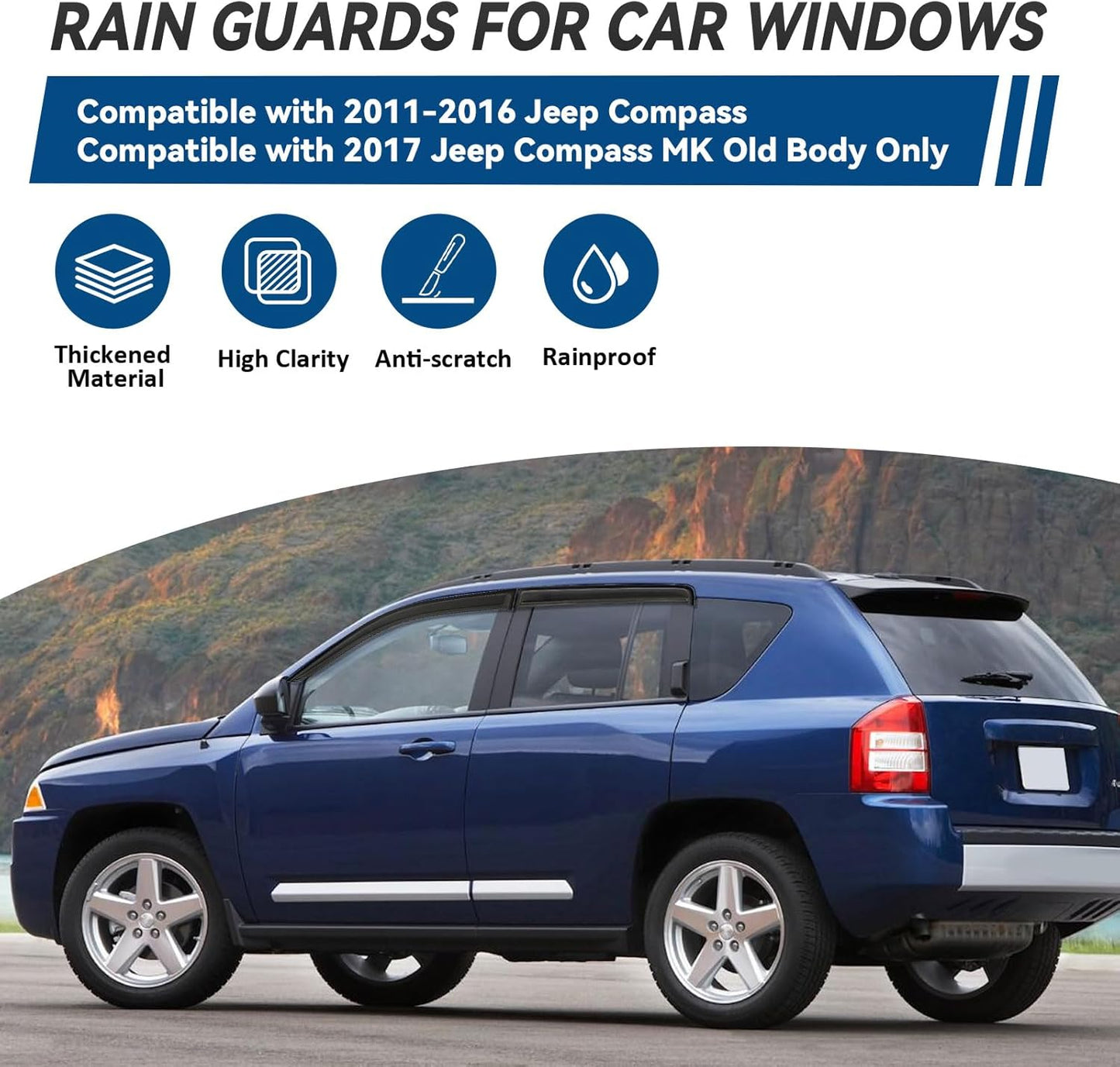 4pcs Front+Rear Smoke Tint Sun/Rain Guard Outside Mount Tape-On Vent Window Visors Compatible with 11-16 Compass 17 MK Old Body