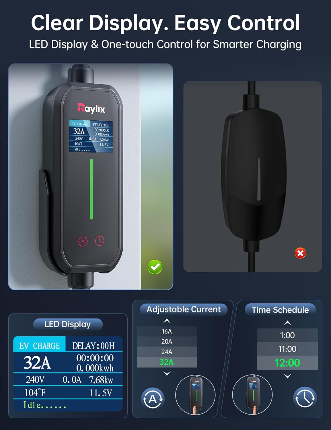 Raylix 32A Level 2 Fast Tesla Charger, [Adjustable Current, Delay Charge & Smart Display], 7.68KW Tesla Mobile/Home Charger, 21ft Cable, Connector for Tesla Model X/Y/3/S/Cybertruck, NEMA 14-50 Plug