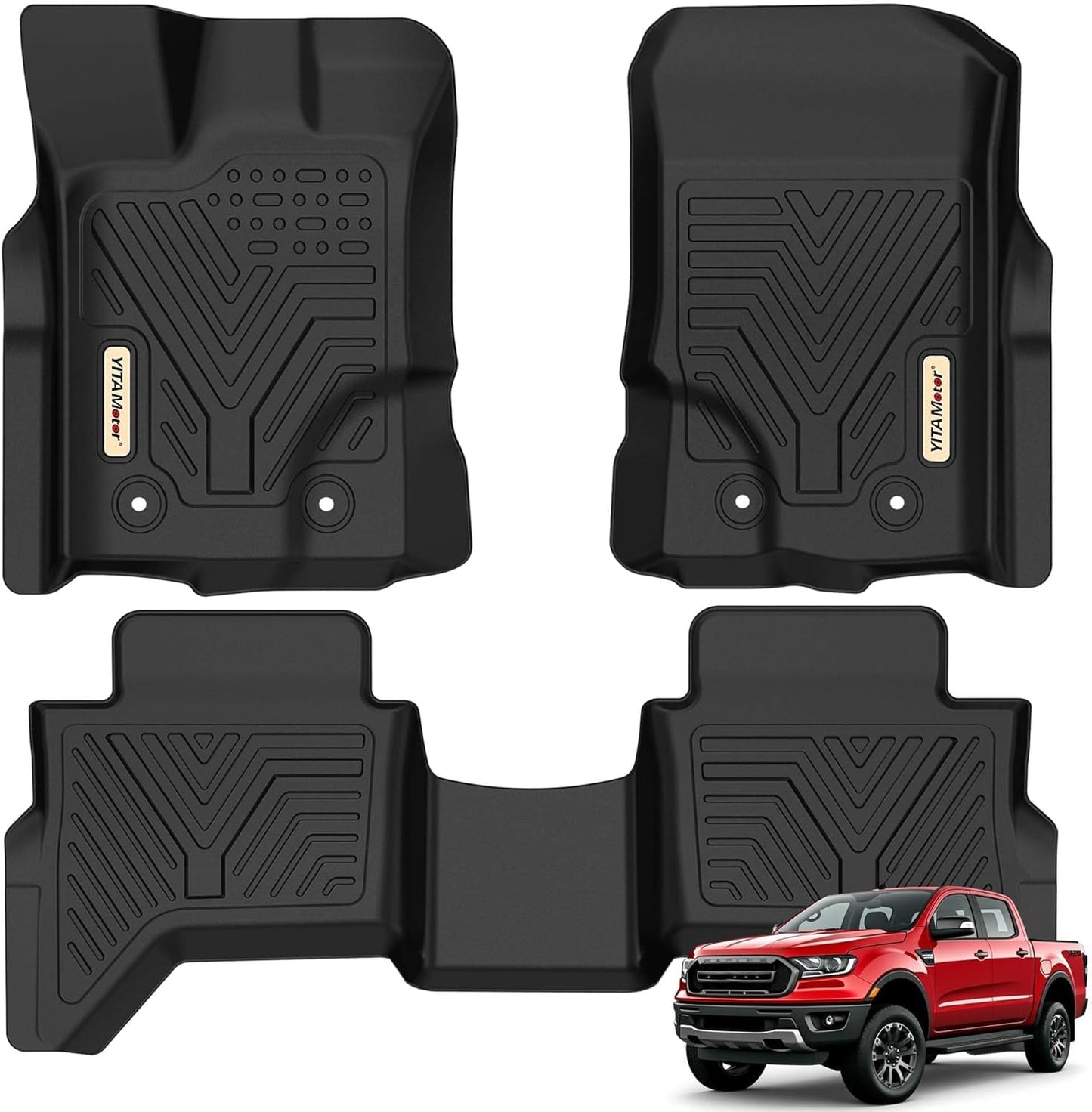 YITAMOTOR Floor Mats Compatible with 2019-2023 Ford Ranger Supercrew Cab, Custom Fit TPE 2023 Ranger Floor Liners 1st & 2nd Row All-Weather Protection Car Mats, Black