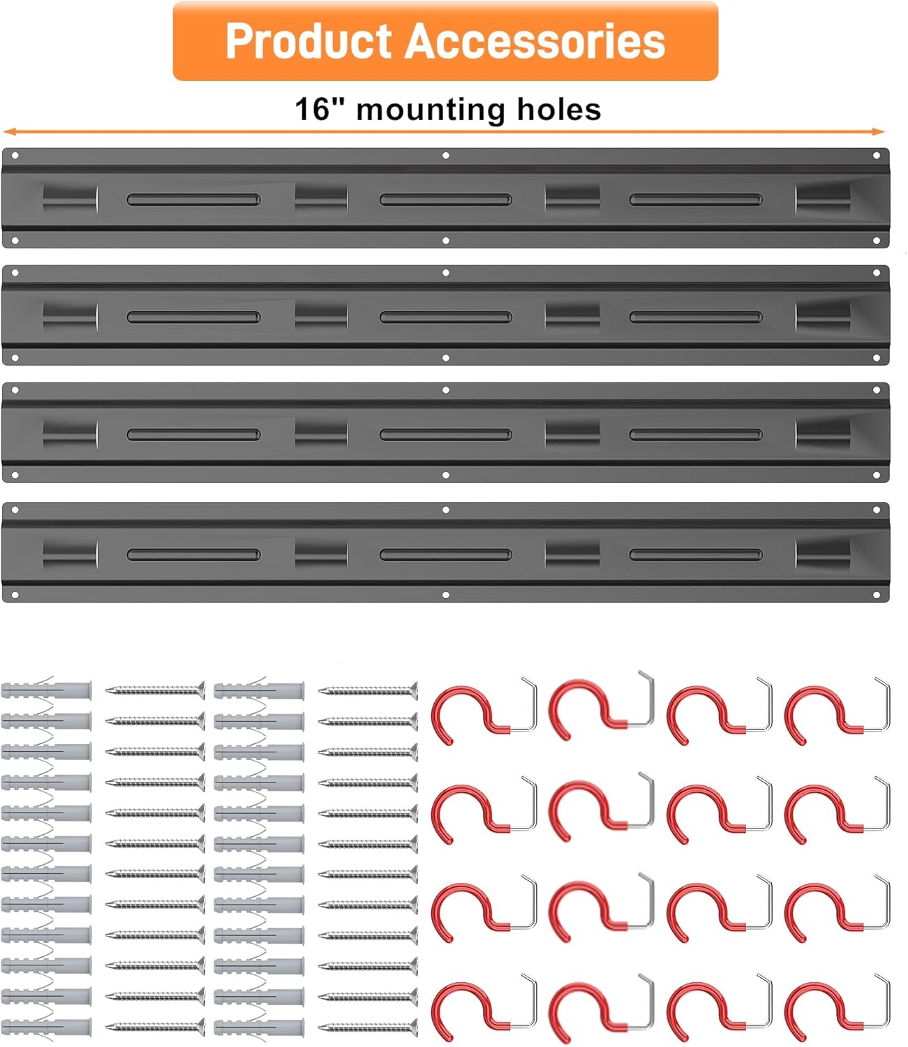 TORACK Metal Wall-Mounted Garden Tool Organizer for Garage, Mop and Broom Holder, Yard Tool Storage Rack for Rakes, Shovels, Mops, Brooms (4 Rails, 16 Hooks)