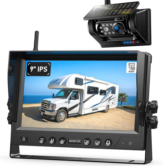 9 Inch Magnetic Solar Wireless Backup Camera System, 9600mAh Solar Rechargeable RV Backup Camera Wireless with HD1080P 9" Loop Recording Monitor for Trailer RV Trucks, BL901
