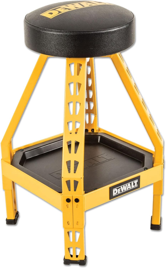 DEWALT Heavy-Duty Metal Stool for Garage and Shop, 360 Swivel Seat, Storage Tray, Padded Rip-Resistant Seat, Steel Frame, Industrial Powder Coating