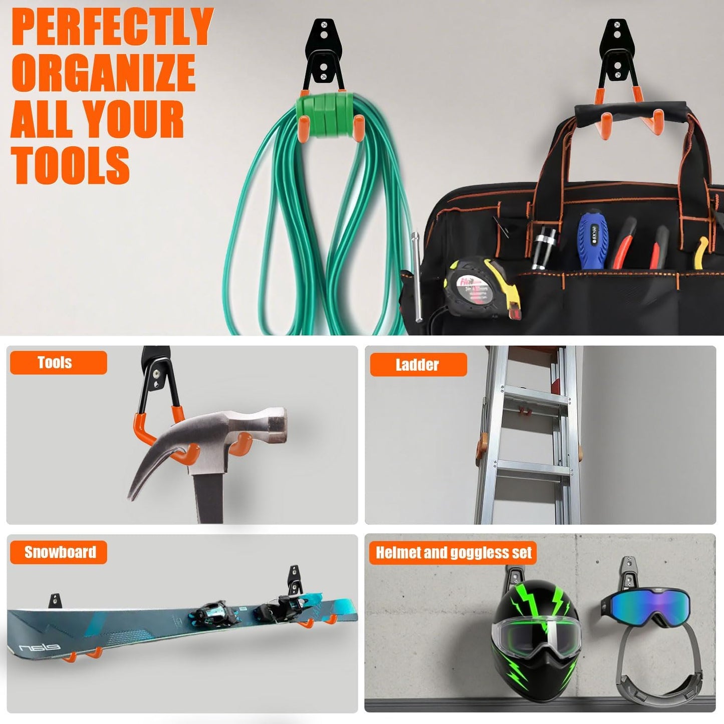 Heavy-Duty Garage Hooks -4 Pack Type small J - Anti-Slip Coated Wall-Mounted Hooks Wall Mount Storage Organizer for Hanging Power and Garden Tools, Ladders, Hose, Bikes, Ropes, Bulk Items, and More