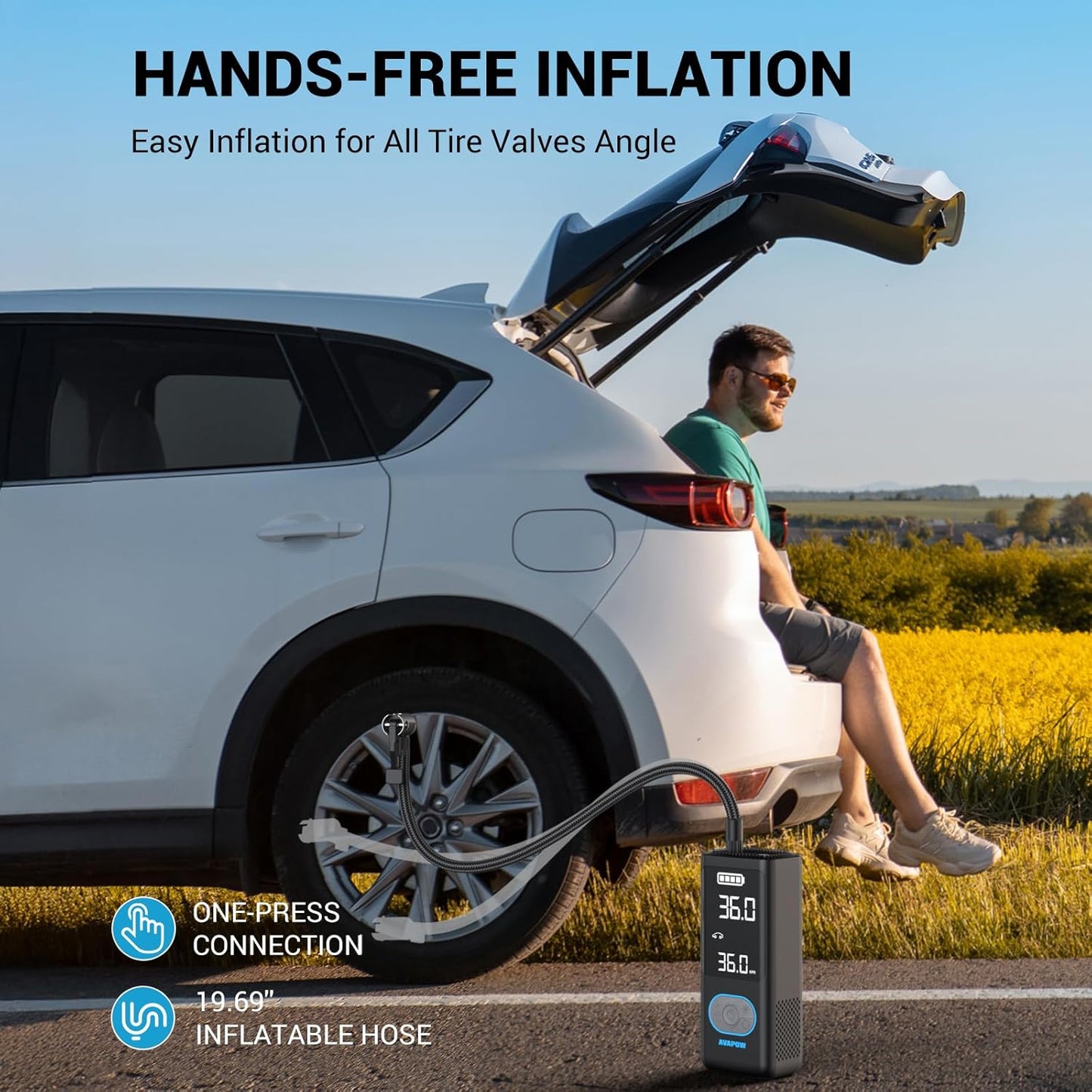 AVAPOW AP18 Tire Inflator Portable Air Compressor, 300% Faster 150 PSI Cordless Air Pump with Tire Pressure Gauge, 3.7″ Dual LCD Screen, Auto-Shuts Off Tire Pump for Car, Motorcycle, Bicycle, Black