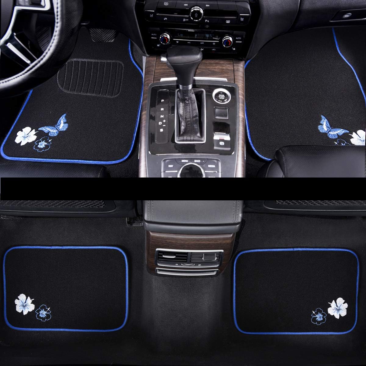 CAR PASS Universal Fit Embroidery Butterfly and Flower Car Floor Mats, Blue Car Floor Mats Fit 95% Automotive,SUVS,Sedan,Vans,for Women,Girly,Set of 4 (Black with Blue)