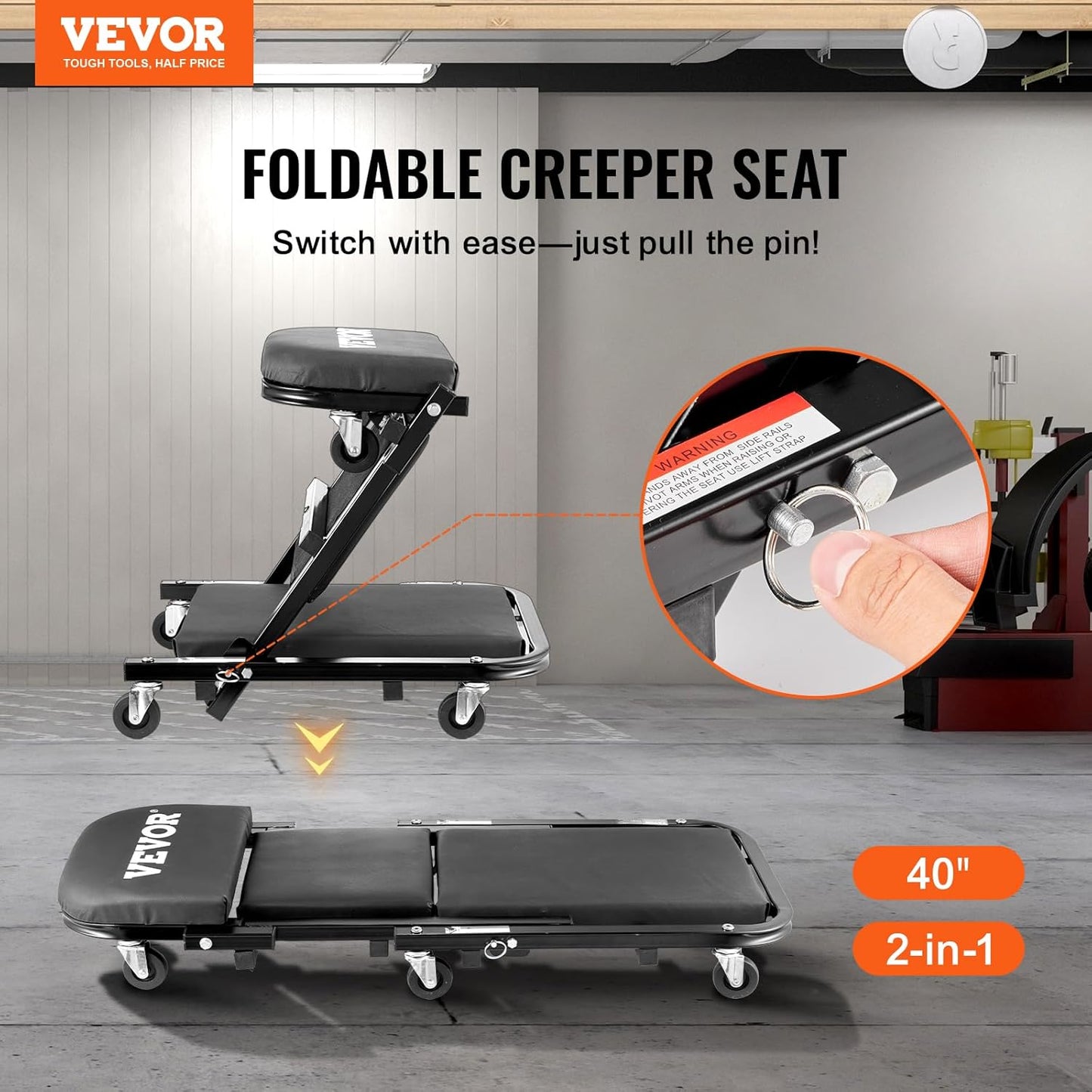 VEVOR Foldable Z Garage Creeper, 40 in, 450 lbs Load Capacity Rolling Folding Mechanic Creeper Stool, with 6 Universal Wheels Padded Seat Steel Frame, Lay Down or Sit Chair for Garage Shop or Home