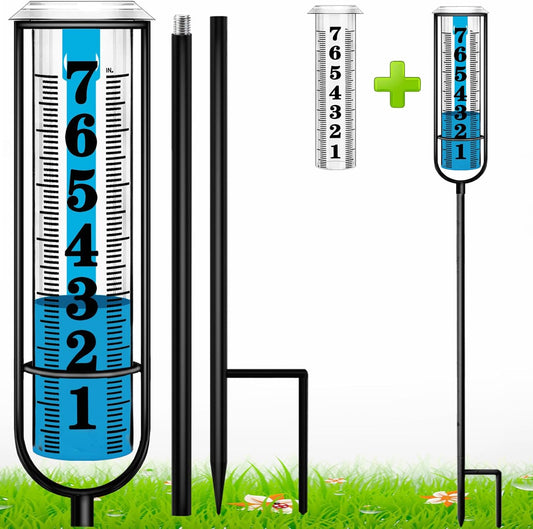 Rain Gauge Outdoor, Freeze Proof Rain Gauges Outdoors Best Rated, 7" Capacity Large Clear Font and Scale Rain Guage with Long Stake for Yard Garden, Rain Water Meter with Two Plastic Replacement Tube