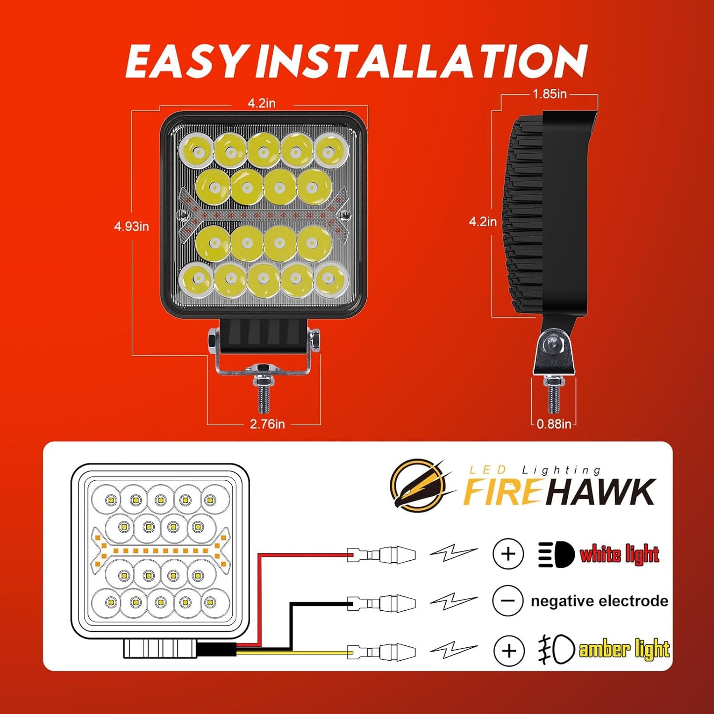 Firehawk LED Light Pods Bar 4 Inch 30000LM 60W Square Spot Flood Amber White Driving Offroad Fog Work Backup Bumper for Truck Jeep ATV UTV SUV Tractor Motorcycle 4x4 Cart Trailer Boat Waterproof 2PCS