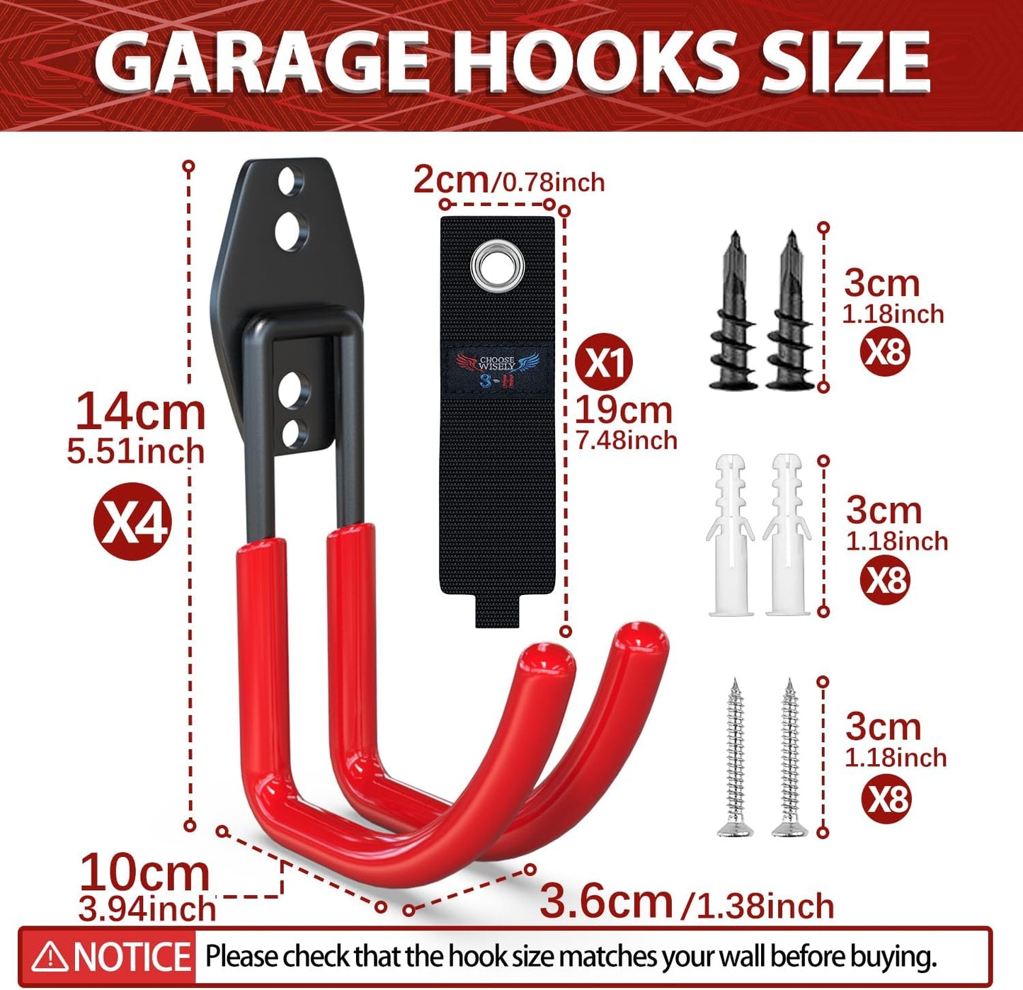 3-H Garden Hose Holder Wall Mount 4 Pack,Solid Steel Hose Hanger,Water Hose Holders for Outside,Perfect for Hanging Outdoor Air Hose,Ropes,Pipes,Garden Tools,Ladders,Bikes,Bulk Items(Red)