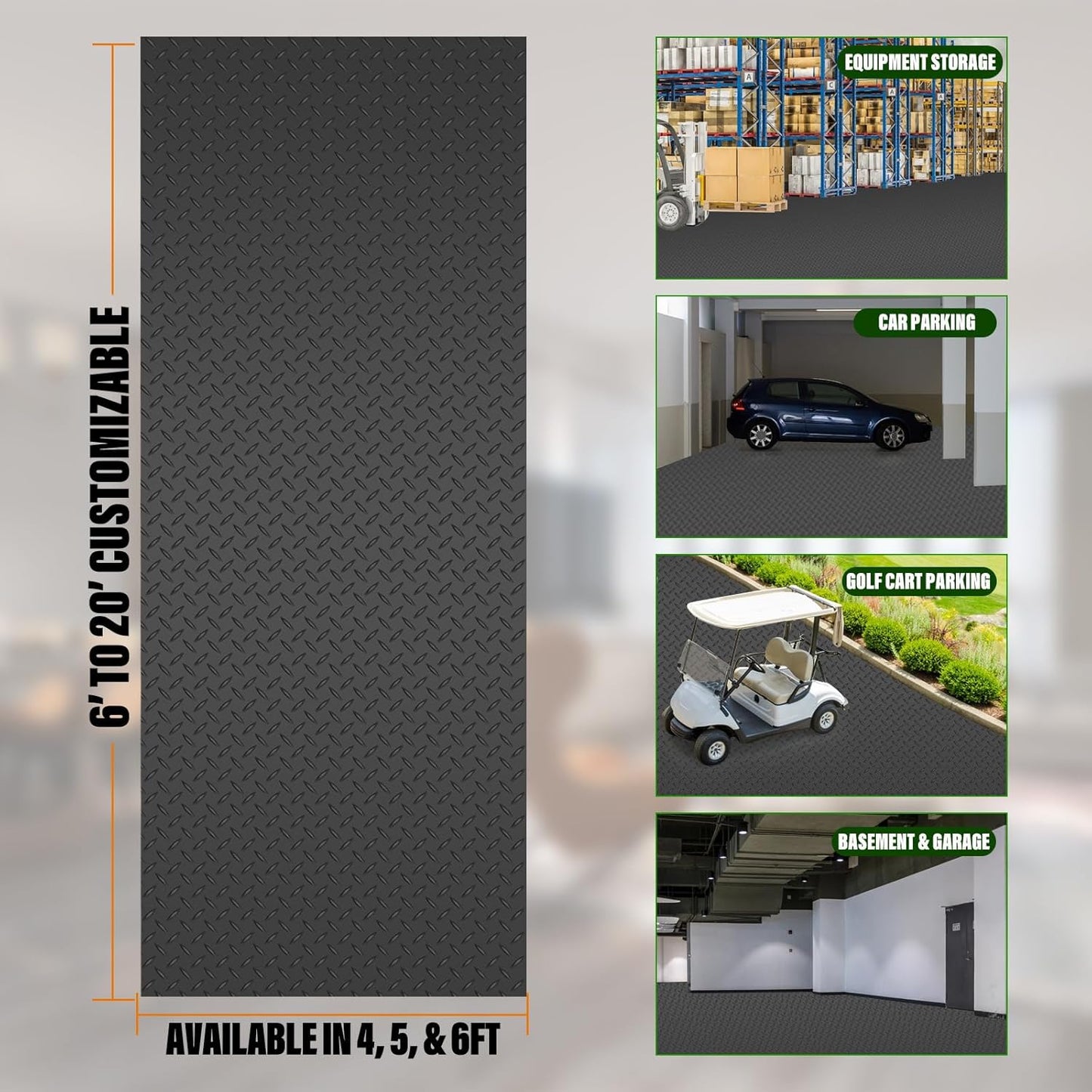 SEAL 4 x 10 Ft Premium Garage Floor Mat, Solid 2.8mm Thickened Black Commercial Grade Heavy Duty Parking Mat for Garage Floor, Golf Cart, Water/Stain Resistant Floor Runner (Embossed Diamond Plate)