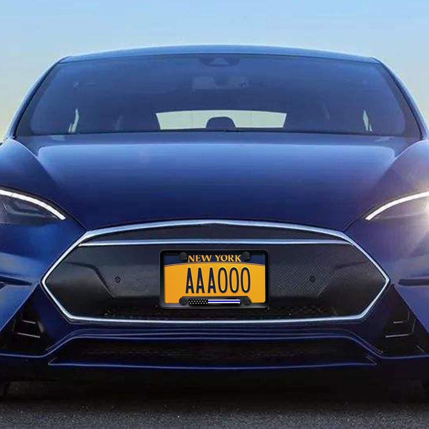 Police Thin Blue Line License Plate Frame-American Flag Patriotic Car Tag Holder, USA Black Aluminum Bracket with Screw, Cap Covers, Decal, Novelty Present for Law Enforcement, 1 Pack