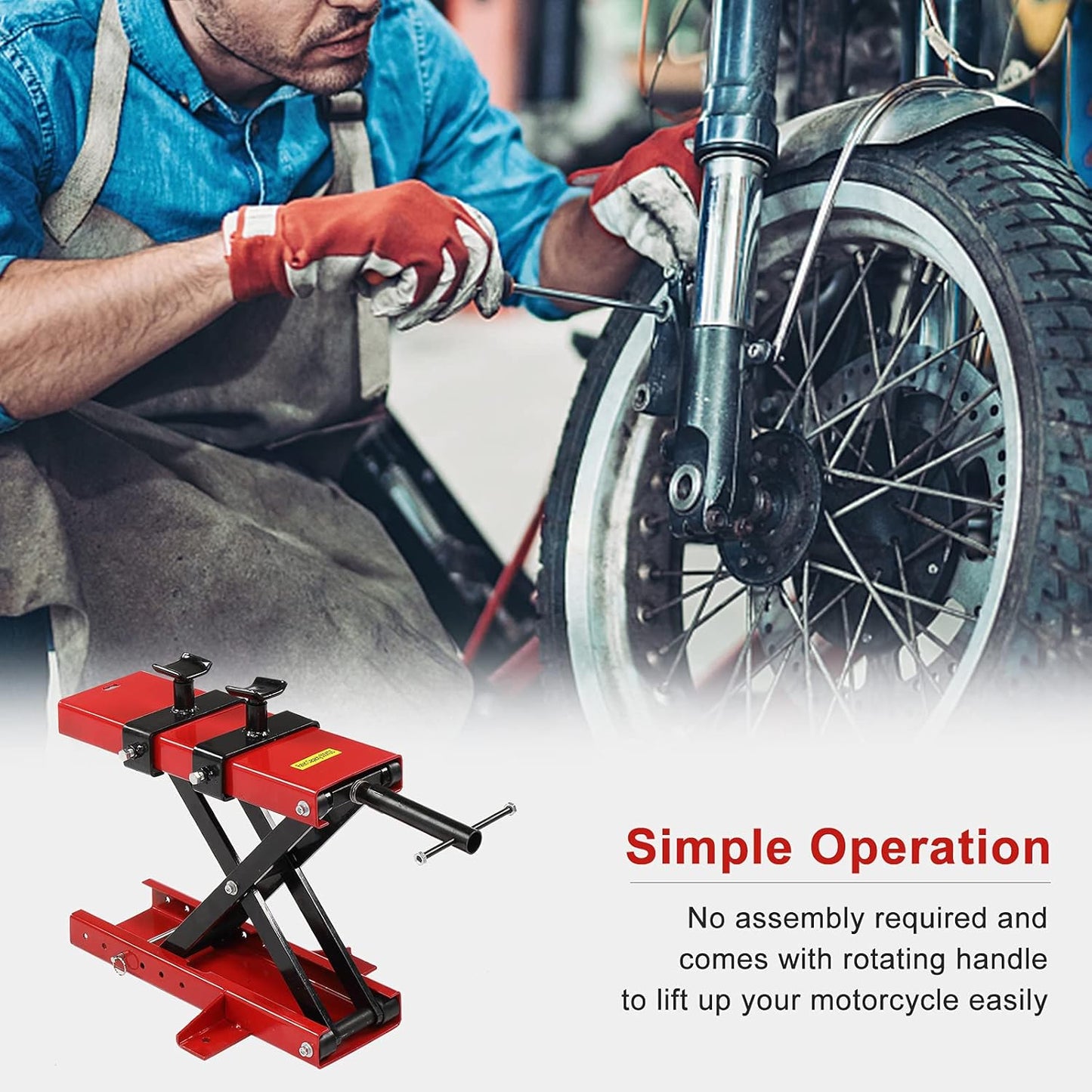TUFFIOM 1100LBS Motorcycle Scissor Lift Jack, Height Adjustable with Safety Pin & Support Saddles, Foldable Motorcycle Center Stand for Dirt Bike ATV, Red