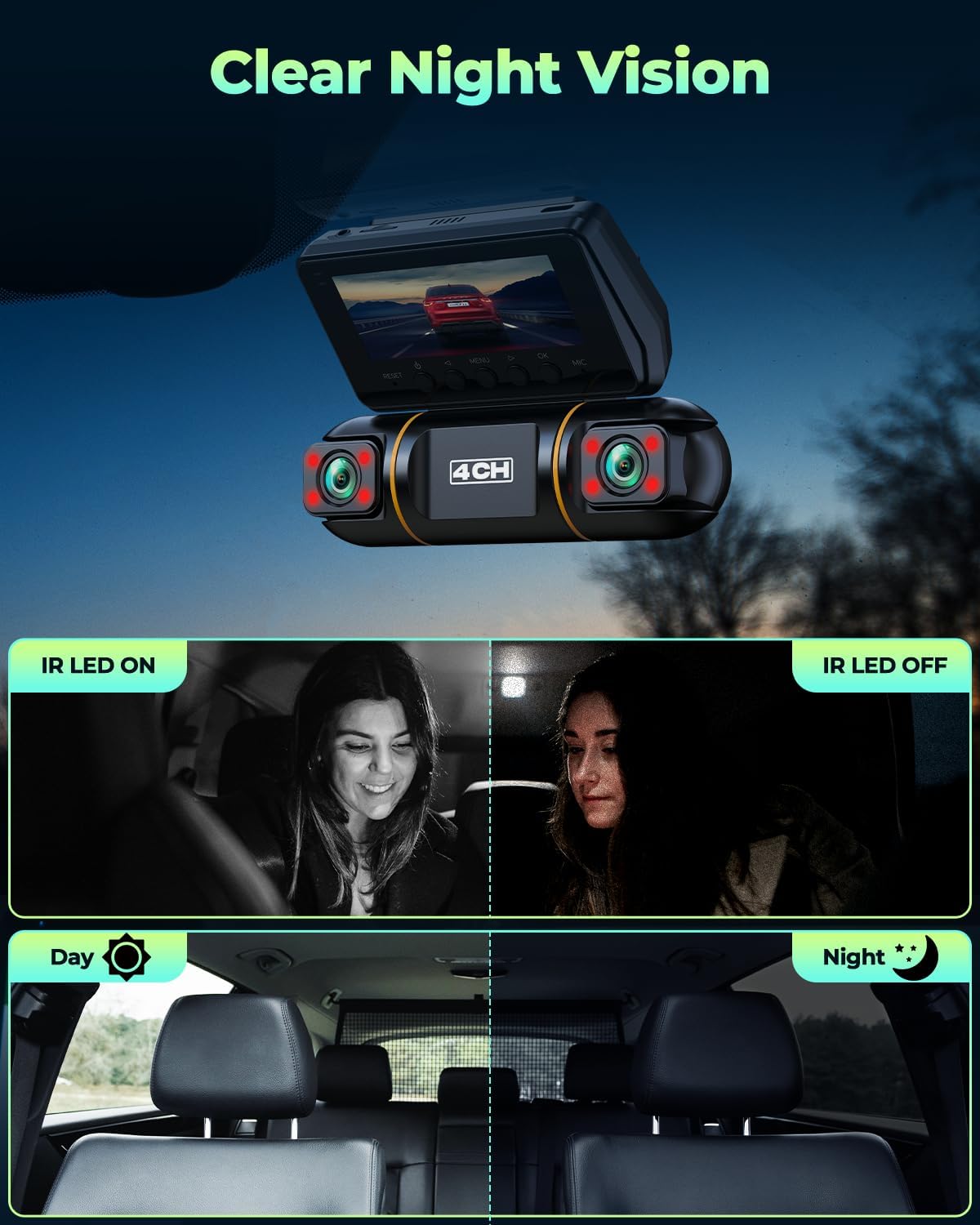 LAMTTO Dash Cam Front and Rear Inside with Hardwire Kit for 24h Security Parking Monitor, 360 Degree View 4 Channel 1080P Dash Camera for Cars Left Right, IR Night Vision Dashcam, Free 128GB Card