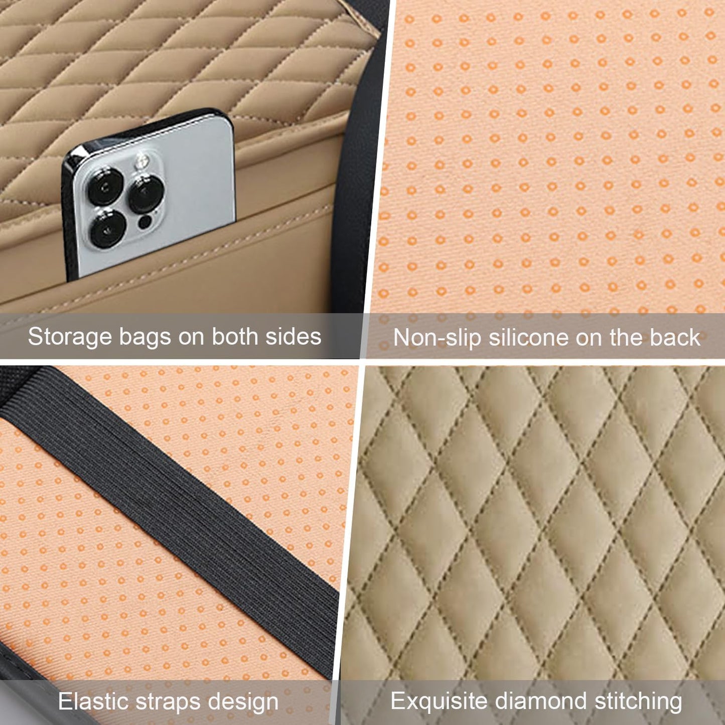 Car Center Console Cover, Upgraded Leather Armrest Seat Box Cover with 2 Storage Bags, Universal Waterproof Car Armrest Cover Cushion Comfortable Car Decor Accessories for Most Vehicles (Beige)