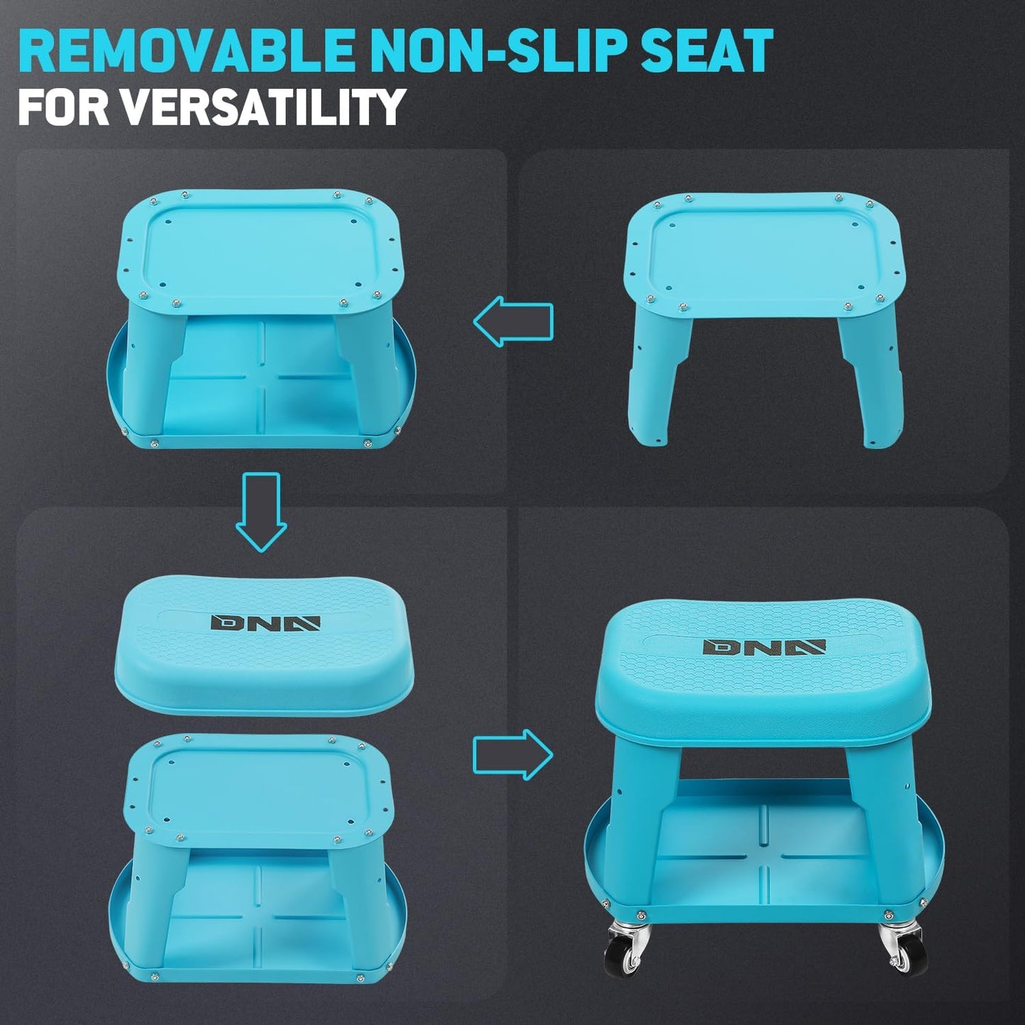 DNA MOTORING Removable Rolling Garage Stool with Seat Cushion & Tool Tray Plate, 300lbs Max Weight Capacity, Blue, TOOLS-00479