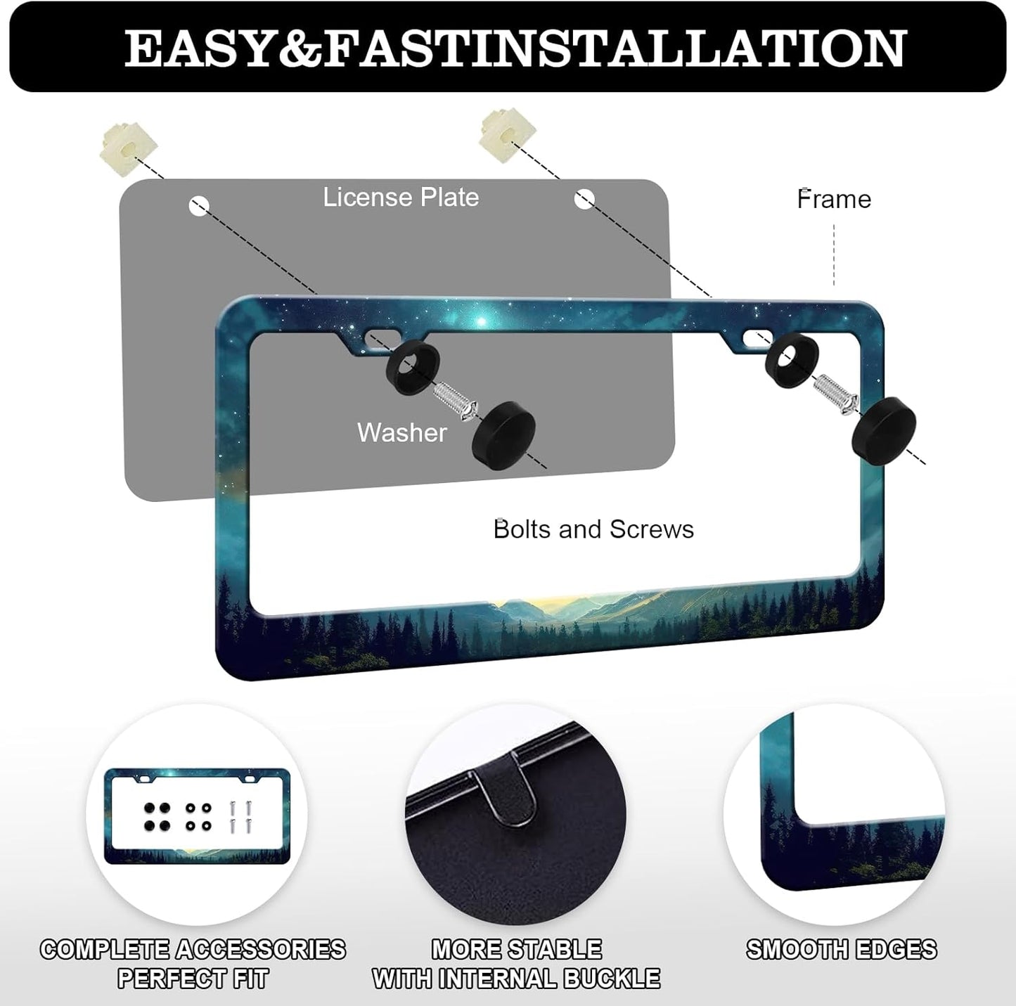 Starry Sky Mountain License Plate Frames - 2 Pack Green Mountain Forest Stainless Steel License Plate Holder,Rust-Proof Waterproof Car Decorative Tag Frame with Screws Fasteners Caps