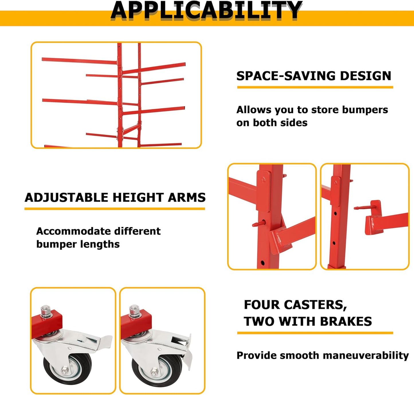 KUAFU Mobile Bumper Storage Rack w/Adjustable Shelving Auto Body Parts Management Storage Rack Standing Shelf Red Double-Sided