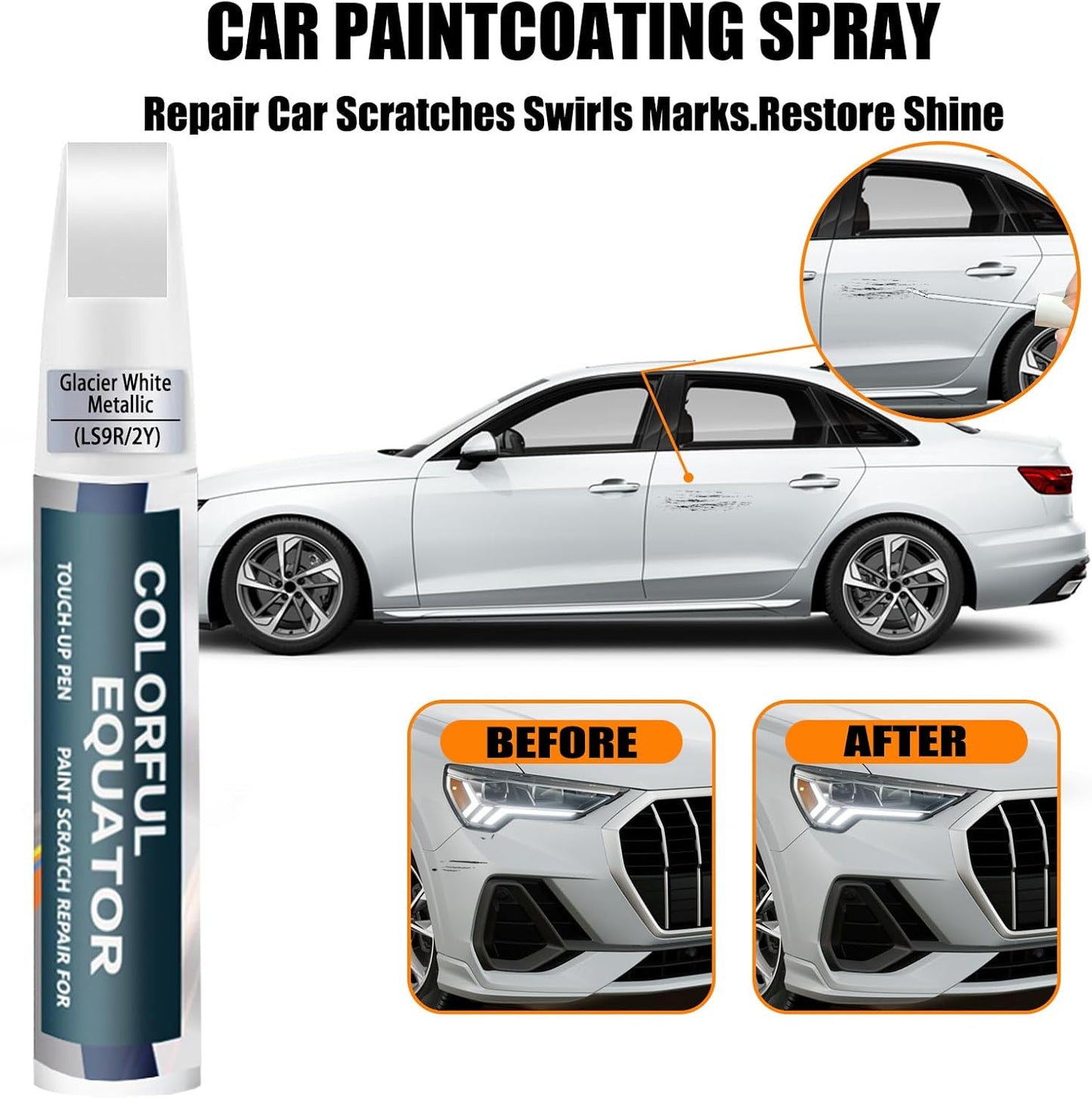 Glacier White Metallic(LS9R/2Y) Touch Up Paint Compatible with Audi, Car Paint Pen Scratch Repair Two-In-One Touch Up Paint, Premium Car Scratch Remover for Deep Scratches